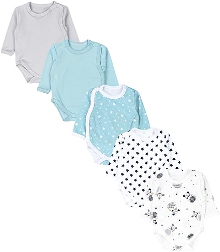 TupTam Baby Unisex Langarm Wickelbody Print/Uni 5er Pack, Farbe: Sterne Dunkelblau Mintgrün Grau Bärchen, Größe: 50 von TupTam