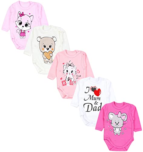 TupTam Baby Unisex Langarm Wickelbody Print/Uni 5er Pack, Farbe: I love Mum Dad Weiß Katze Maus Rosa Bär Ecru, Größe: 56 von TupTam