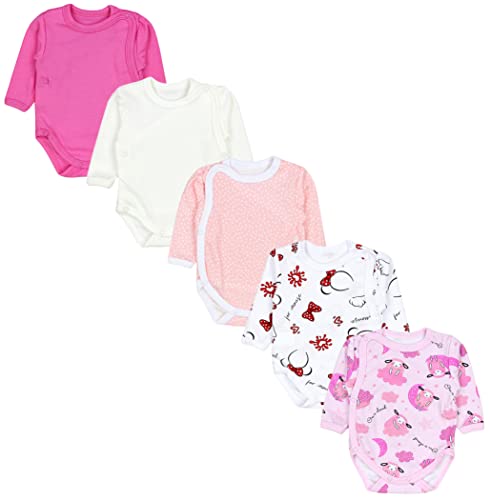 TupTam Baby Unisex Langarm Wickelbody Print/Uni 5er Pack, Farbe: Tupfen Rosa Schleife Rot Weiß Schäfchen Pink, Größe: 50 von TupTam