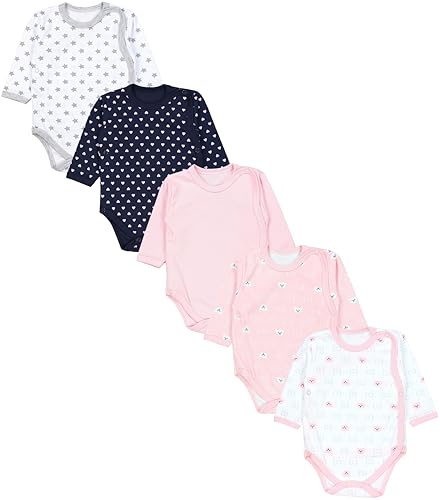 TupTam Baby Unisex Langarm Wickelbody im 5er Set, Farbe: Bärchen Rosa Weiß Herzen Dunkelblau Sterne Grau Apricot, Größe: 62 von TupTam