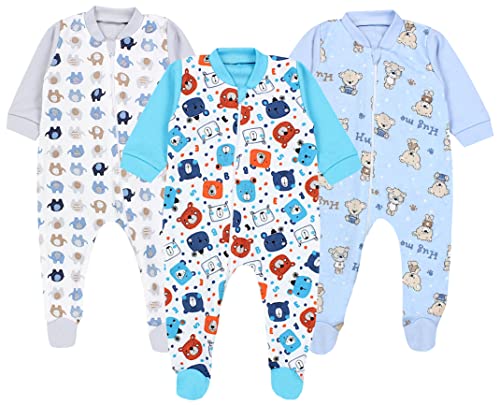 TupTam Baby Unisex Schlafstrampler Mädchen Schlafanzug mit Fuß Jungen Spieler 3er Pack, Farbe: Bärchen/Elefanten/Blau/Grau, Größe: 62 von TupTam