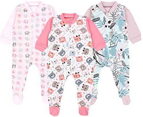 TupTam Baby Unisex Schlafstrampler Mädchen Schlafanzug mit Fuß Jungen Spieler 3er Pack, Farbe: Bärchen/Elefanten/Rosa/Koralle, Größe: 62 von TupTam