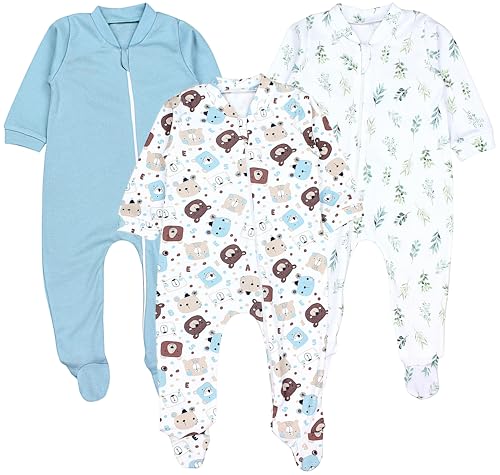TupTam Baby Unisex Schlafstrampler Mädchen Schlafanzug mit Fuß Jungen Spieler 3er Pack, Farbe: Bärchen Blätter Eisberg, Größe: 74 von TupTam