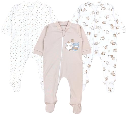 TupTam Baby Unisex Schlafstrampler Mädchen Schlafanzug mit Fuß Jungen Spieler 3er Pack, Farbe: Bärchen Sterne Beige, Größe: 74 von TupTam