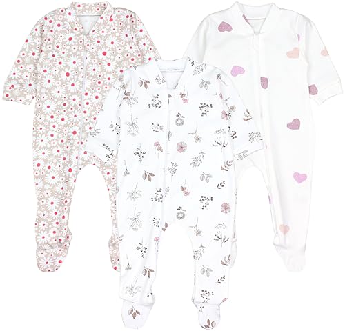 TupTam Baby Unisex Schlafstrampler Mädchen Schlafanzug mit Fuß Jungen Spieler 3er Pack, Farbe: Blätter Blumen Herzchen, Größe: 80 von TupTam