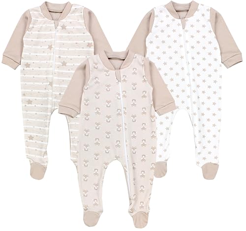 TupTam Baby Unisex Schlafstrampler Mädchen Schlafanzug mit Fuß Jungen Spieler 3er Pack, Farbe: Fuchs Beige Streifen Sterne, Größe: 80 von TupTam