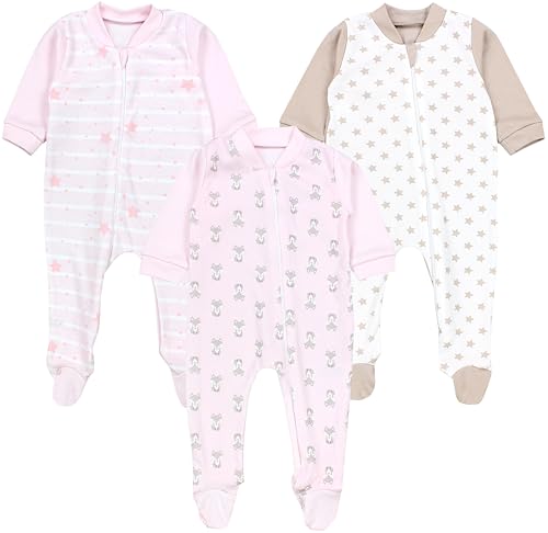 TupTam Baby Unisex Schlafstrampler Mädchen Schlafanzug mit Fuß Jungen Spieler 3er Pack, Farbe: Fuchs Rosa Streifen Sterne Beige, Größe: 62 von TupTam