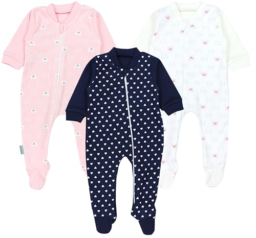 TupTam Baby Unisex Schlafstrampler Mädchen Schlafanzug mit Fuß Jungen Spieler 3er Pack, Farbe: Herzen Dunkelblau/Bärchen Rosa Weiß, Größe: 68 von TupTam