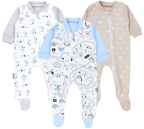 TupTam Baby Unisex Schlafstrampler Mädchen Schlafanzug mit Fuß Jungen Spieler 3er Pack, Farbe: Hündchen Grau/Bärchen Beige/Dorf Blau, Größe: 68 von TupTam