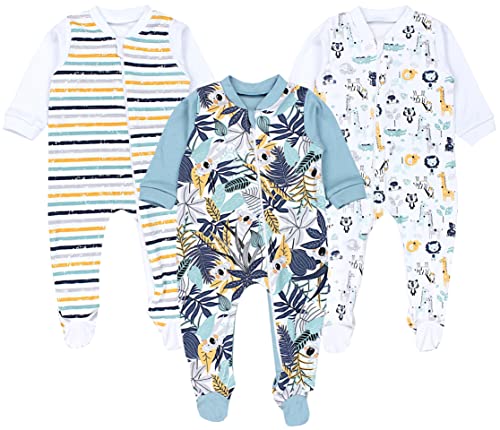 TupTam Baby Unisex Schlafstrampler Mädchen Schlafanzug mit Fuß Jungen Spieler 3er Pack, Farbe: Koala Safari Streifen Mintgrün Orange Blau, Größe: 62 von TupTam