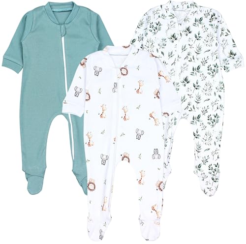 TupTam Baby Unisex Schlafstrampler Mädchen Schlafanzug mit Fuß Jungen Spieler 3er Pack, Farbe: Tiersafari Blätter Salbei, Größe: 74 von TupTam