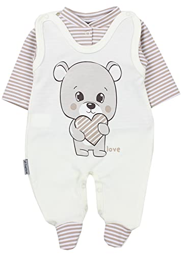 TupTam Baby Mädchen Jungen Strampler mit Langarmshirt Aufdruck Spruch 2 teilig, Farbe: Love Teddy/Streifen Beige Ecru, Größe: 50 von TupTam