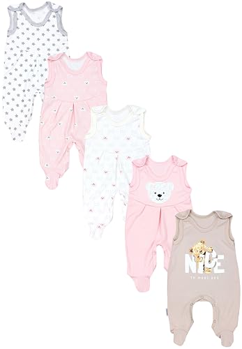 TupTam Baby Unisex Strampler mit Aufdruck Spruch 5er Pack, Farbe: Bärchen Rosa Weiß Sterne Grau Nice Teddy Beige, Größe: 68 von TupTam