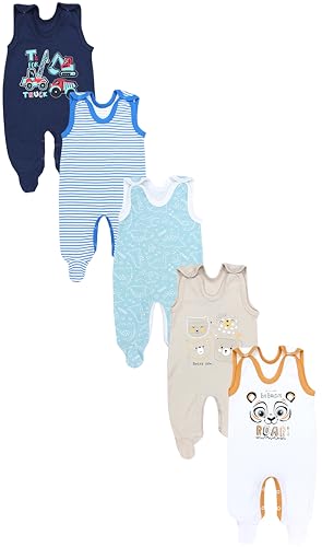 TupTam Baby Unisex Strampler mit Aufdruck Spruch 5er Pack, Farbe: Dunkelblau Bagger Grün Dino Bärchen Beige Tiger Streifen Blau r, Größe: 50 von TupTam