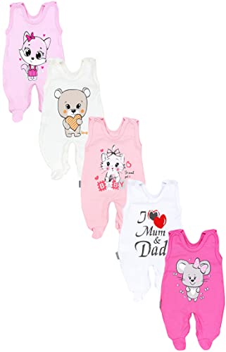 TupTam Baby Unisex Strampler mit Aufdruck Spruch 5er Pack, Farbe: I love Mum Dad Weiß Katze Maus Rosa Bär Ecru, Größe: 56 von TupTam