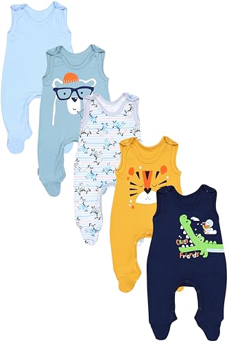 TupTam Baby Unisex Strampler mit Aufdruck Spruch 5er Pack, Farbe: Krokodil Dunkelblau Tiger Senfgelb Zebra Blau, Größe: 50 von TupTam