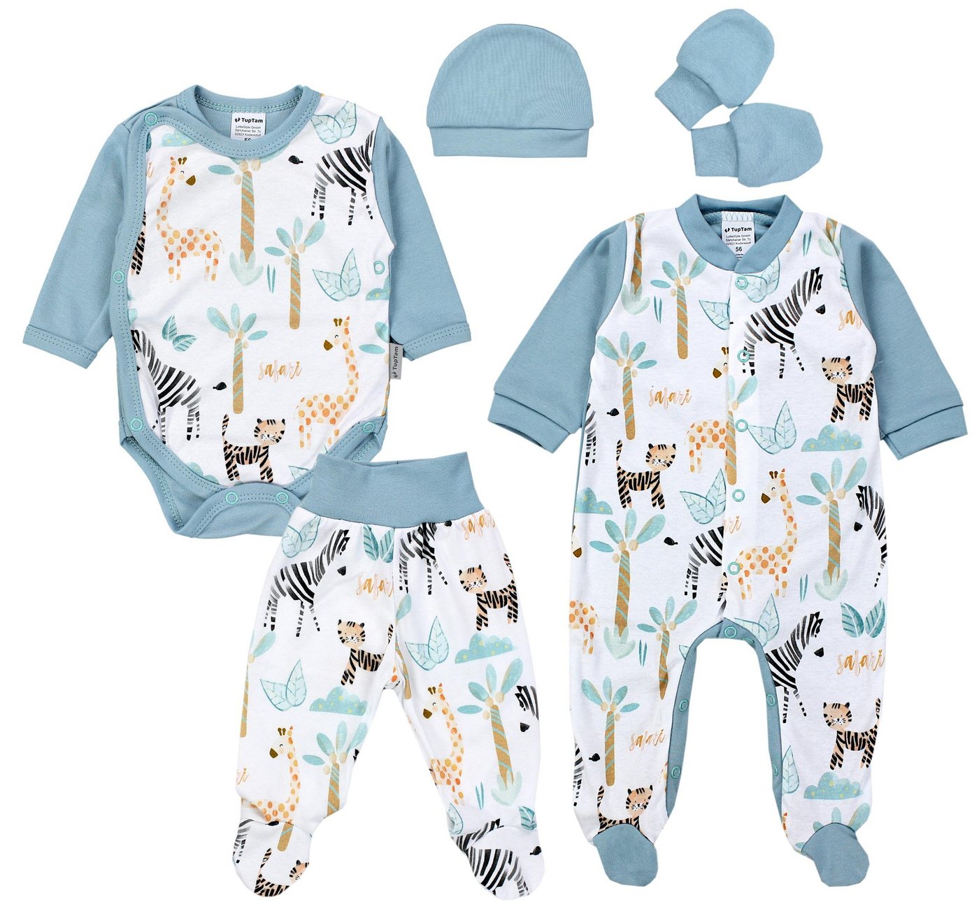 TupTam Erstausstattungspaket Baby Jungen Bekleidung Set Body Strampler Mütze Fäustlinge 5 tlg von TupTam