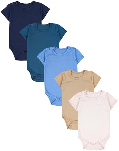 TupTam Baby Body Kurzarm – 5er Set Body Baby aus Baumwolle – Weicher, Atmungsaktiver Kurzarm Body Baby Jungen, Farbe: Beige Hellbeige Petrolgrün Jeansblau Dunkelblau, Größe: 104 von TupTam
