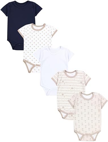 TupTam Jungen Baby Body Kurzarm in Unifarben - 5er Pack, Farbe: Fuchs Beige Sterne Streifen Weiß Dunkelblau, Größe: 104 von TupTam