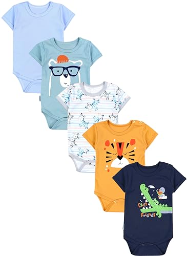 TupTam Baby Body Kurzarm – 5er Set Body Baby aus Baumwolle – Weicher, Atmungsaktiver Kurzarm Body Baby Jungen, Farbe: Krokodil Dunkelblau Tiger Senfgelb Zebra Blau, Größe: 86 von TupTam