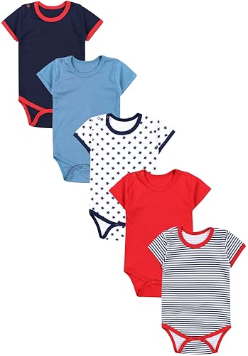 TupTam Jungen Baby Body Kurzarm in Unifarben - 5er Pack, Farbe: Streifen Sterne Dunkelblau Rot Jeansblau, Größe: 80 von TupTam