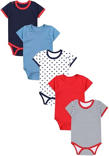 TupTam Jungen Baby Body Kurzarm in Unifarben - 5er Pack, Farbe: Streifen Sterne Dunkelblau Rot Jeansblau, Größe: 92 von TupTam