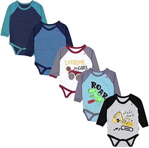 TupTam Jungen Baby Body Langarm Unifarben 5er Pack, Farbe: Bagger Monster Tuck Dino Grau Blau Grün, Größe: 80 von TupTam