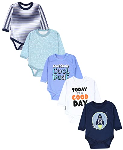 TupTam Jungen Baby Body Langarm Unifarben 5er Pack, Farbe: Dino Grün Rakete Streifen Dunkelblau Good Day Weiß Cool Dude Blau, Größe: 68 von TupTam