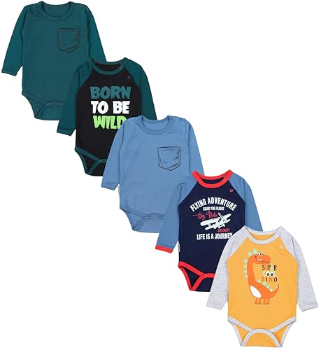 TupTam Jungen Baby Body Langarm Unifarben 5er Pack, Farbe: Flugzeug Dunkelblau WILD Schwarz Dino Senfgelb Jeansblau Petrolgrün, Größe: 86 von TupTam