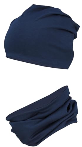 TupTam Jungen Beanie Mütze Schlauchschal Kinder 2er Set Herbst Winter gefütterte Übergangsmütze mit Loop, Farbe: Jersey zweilagig - Dunkelblau, Hat Size: 56 von TupTam
