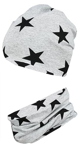 TupTam Jungen Beanie Mütze Schlauchschal Kinder 2er Set Herbst Winter gefütterte Übergangsmütze mit Loop, Farbe: Jersey zweilagig - Sterne Schwarz Grau, Hat Size: 56 von TupTam