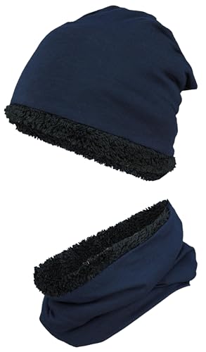 TupTam Jungen Beanie Mütze Schlauchschal Kinder 2er Set Herbst Winter gefütterte Übergangsmütze mit Loop, Farbe: Wintermütze Teddyfleece - Dunkelblau, Hat Size: 52 von TupTam