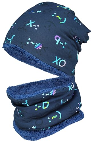 TupTam Jungen Beanie Mütze Schlauchschal Kinder 2er Set Herbst Winter gefütterte Übergangsmütze mit Loop, Farbe: Wintermütze Teddyfleece - Emoji Dunkelblau, Hat Size: 50 von TupTam