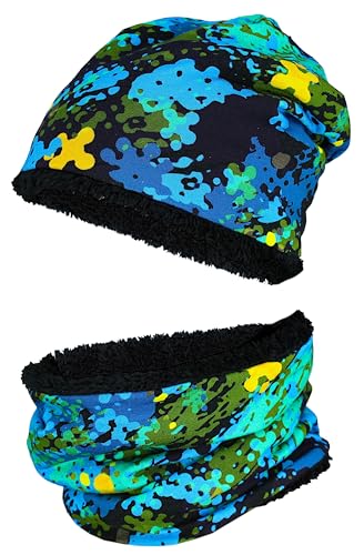 TupTam Jungen Beanie Mütze Schlauchschal Kinder 2er Set Herbst Winter gefütterte Übergangsmütze mit Loop, Farbe: Wintermütze Teddyfleece - Vielfarbig Grün Blau, Hat Size: 50 von TupTam