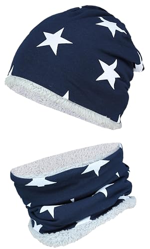 TupTam Jungen Beanie Mütze Schlauchschal Kinder 2er Set Herbst Winter gefütterte Übergangsmütze mit Loop, Farbe: Wintermütze Teddyfleece - Weiße Sterne Dunkelblau, Hat Size: 48 von TupTam