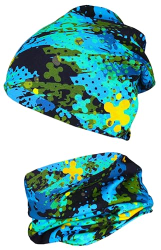 TupTam Jungen Beanie Mütze Schlauchschal Kinder 2er Set Herbst Winter gefütterte Übergangsmütze mit Loop, Farbe: Jersey zweilagig - Vielfarbig Grün Blau, Hat Size: 52 von TupTam