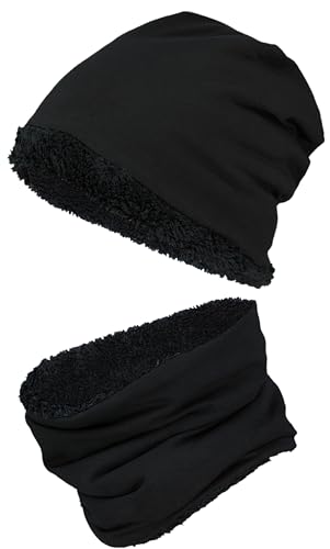 TupTam Jungen Beanie Mütze Schlauchschal Kinder 2er Set Herbst Winter gefütterte Übergangsmütze mit Loop, Farbe: Wintermütze Teddyfleece - Schwarz, Hat Size: 48 von TupTam