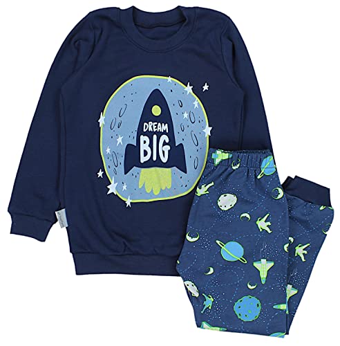 TupTam Kinder Jungen Pyjama Schlafanzug Set Langarm Nachtwäsche 2-teilig, Farbe: Dream Big/Kosmos Dunkelblau/Grün, Größe: 116 von TupTam