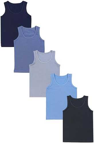TupTam Unterhemden Jungen – 5er Pack Ärmellose Kinder Unterhemden, Baumwolle, Bequem & Atmungsaktiv, Farbe: Dunkelblau Anthrazit Indigo Blau Grau, Größe: 116-122 von TupTam