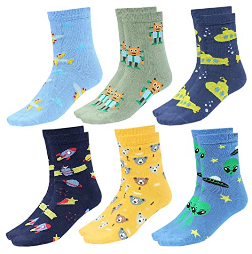 TupTam Kinder Socken Bunt Gemustert 6er Pack für Mädchen und Jungen, Farbe: Weltraum Bär Flugzeug Dunkelblau Blau Grün Gelb, Socken Größe: 31-34 von TupTam