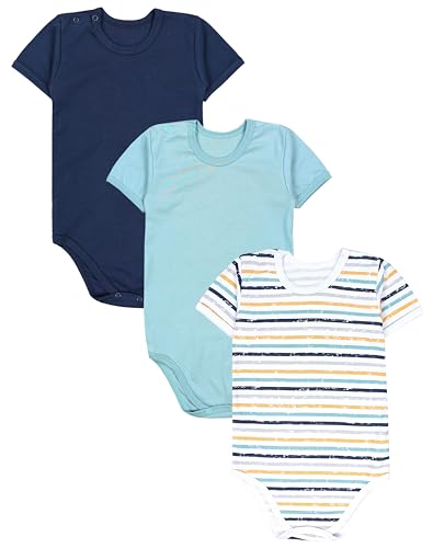 TupTam Kinder Unisex Kurzarm Body Baumwolle 3er Set, Farbe: Streifen Grün Blau/Dunkelblau/Mintgrün, Größe: 110 von TupTam