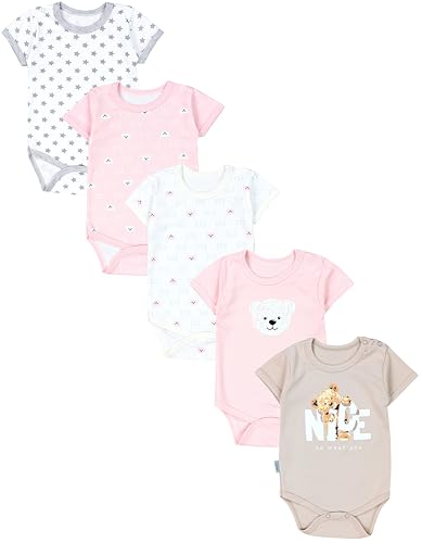 TupTam Mädchen Baby Body Kurzarm in Unifarben - 5er Pack, Farbe: Bärchen Rosa Weiß Sterne Grau Nice Teddy Beige, Größe: 74 von TupTam