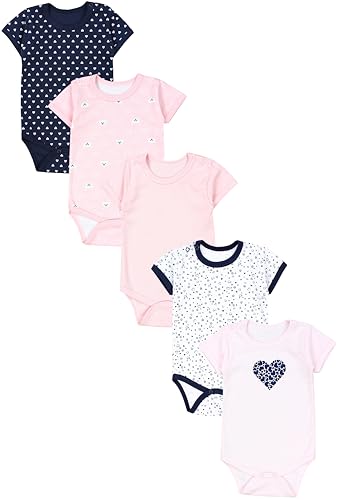 TupTam Baby Body Mädchen 5er Pack – Kurzarm Body Baby aus Baumwolle, Ideal für Sommer und Alltag, Farbe: Dunkelblau Blumen Hellrosa Herzen Aprikose Bären, Größe: 92 von TupTam