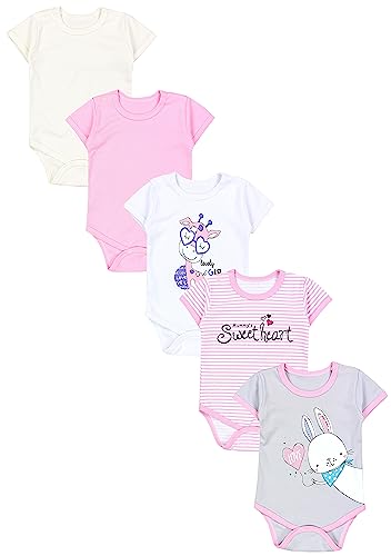 TupTam Mädchen Baby Body Kurzarm in Unifarben - 5er Pack, Farbe: Streifen Giraffe Kaninchen Rosa Weiß Grau, Größe: 104 von TupTam