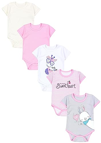 TupTam Baby Body Mädchen 5er Pack – Kurzarm Body Baby aus Baumwolle, Ideal für Sommer und Alltag, Farbe: Streifen Giraffe Kaninchen Rosa Weiß Grau, Größe: 98 von TupTam