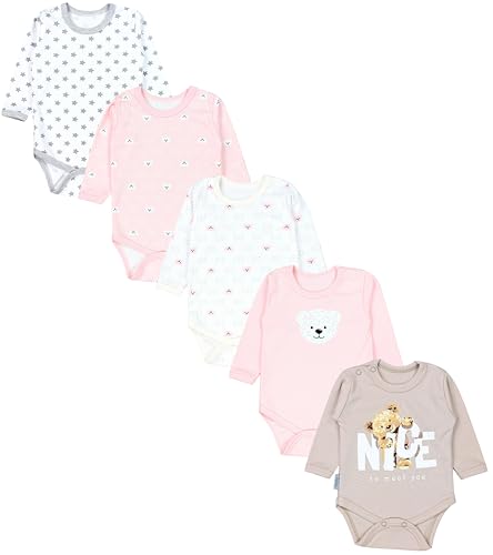 TupTam Mädchen Baby Body Langarm Unifarben 5er Pack, Farbe: Bärchen Rosa Weiß Sterne Grau Nice Teddy Beige, Größe: 104 von TupTam