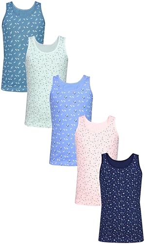 TupTam Mädchen Baumwolle Unterhemd 5er Pack Tank Top Ärmellos Kinder, Farbe: Blümchen Dunkelblau Blau Grün Rosa Dunkeltürkis, Größe: 158-164 von TupTam