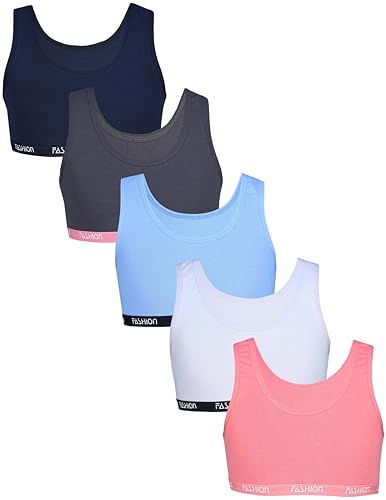 TupTam Mädchen Bustier mit Breiten Trägern 5er Pack, Farbe: Fashion Dunkelblau Dunkelgrau Blau Apricot Lila, Größe: 134-140 von TupTam