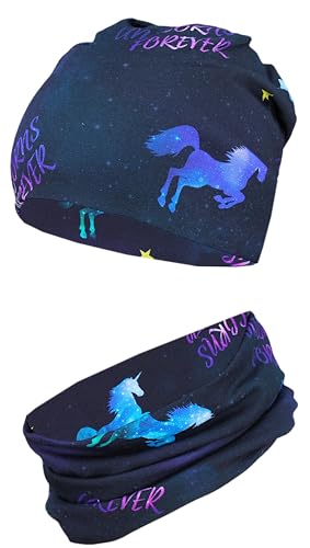 TupTam Mädchen Kinder Beanie Mütze Schlauchschal 2er Set Herbst Winter gefütterte Übergangsmütze mit Loop, Farbe: Jersey zweilagig - Einhorn Lila Dunkelblau, Hat Size: 48 von TupTam