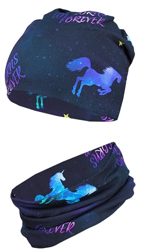 TupTam Mädchen Kinder Beanie Mütze Schlauchschal 2er Set Herbst Winter gefütterte Mütze Übergangsmütze mit Loop, Farbe: Jersey zweilagig - Einhorn Lila Dunkelblau, Hat Size: 54 von TupTam